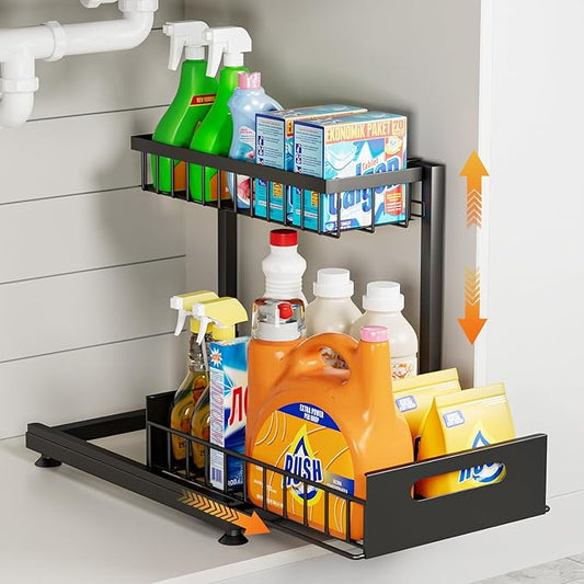 Saydear Under Sink Organizer Storage 2-Tier Premium Metal Pull-Out Kitchen Cabinet Organizer with Sliding Drawer, Height Adjustable, Heavy Duty for Kitchen & Bathroom Organizers 1 Pack Black by Saydear