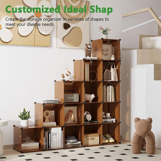 C&AHOME 16-Cube Storage Organizer, Plastic Shelves Units, DIY Closet Organizer, Modular Shelves Ideal for Home, Bedroom, 48.4" L 12.4" W 48.4" H Brown UPCS16C - Image 3