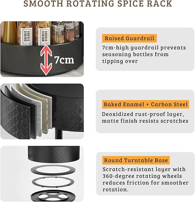 Rotating Spice Rack with Paper Towel Holder, 2 Tier Turntable Lazy Susan, Seasoning Organizer for Kitchen Countertop Cabinet, Black - Image 7