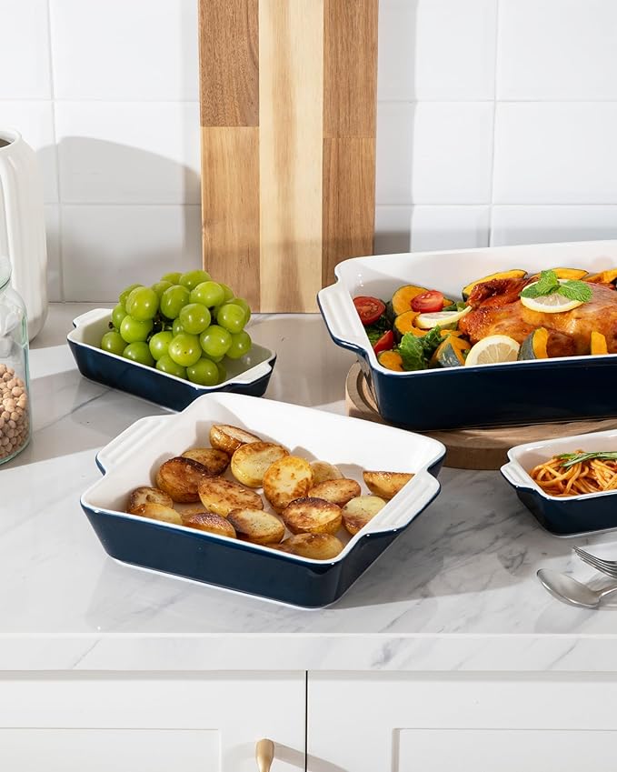 Sweejar Ceramic Bakeware Set of 4, Casserole Dishes for Oven, Rectangular Baking Dish with Handles, Lasagna Pans Deep for Cooking, Gratin, Roasting, Banquet and Daily Use (Navy) - Image 5