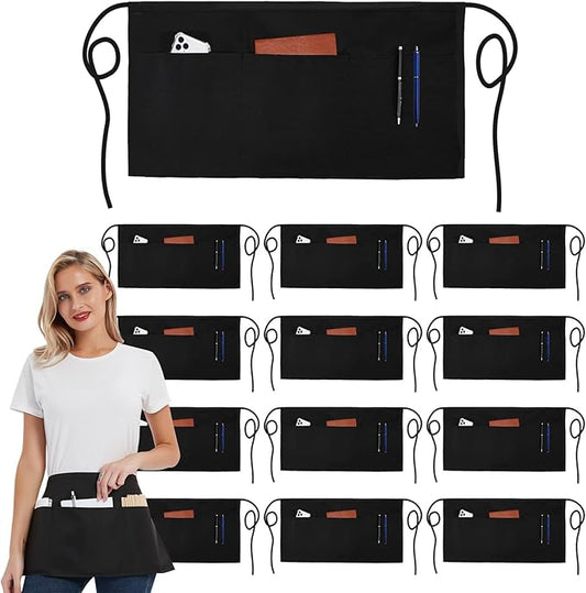 DUSKCOVE 12 Pack Server Aprons with 3 Pockets - Waitress Half Aprons for Women Men Water Resistant with Long Waist Strap