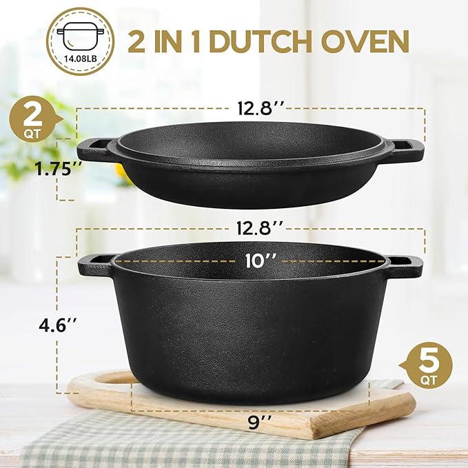 TeamFar Pre-season Cast Iron Dutch Oven with Skillet Lid, 2-in-1 Cast Iron Bread Pan Skillet Cookware with Dual Handles for Bread Baking, Frying, Camping, 5QT - Image 2