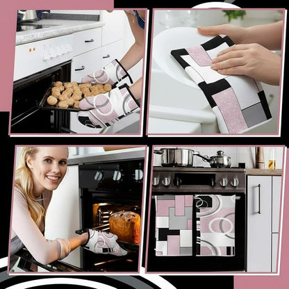 Jingmore 6 Pcs Kitchen Decor Set Accessory Farmhouse Kitchen Towels Pot Holders Oven Mitts Set 2 Dish Towels 2 Pot Holders 2 Cooking Mittens Oven Glove for Cooking (Pink, White, Black,Geometric) - Image 5