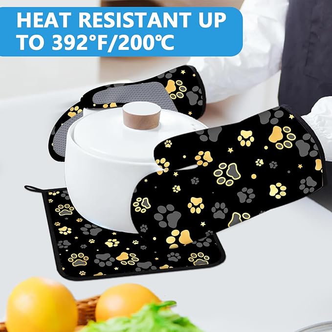 Gold Dog Paw Print Oven Mitts and Pot Holders Sets Heat Resistant 4Pcs Potholders Oven Gloves Hot Pads for Kitchen Baking Cooking Grilling BBQ