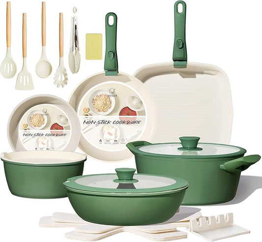 BECIGAR 23pcs Ceramic Pots and Pans Set, Nonstick Detachable Handle Cookware, Induction Kitchen Cooking Set with Removable Handle,include Frying Pans & Saucepans Oven Safe(Green) by BecigarCookware