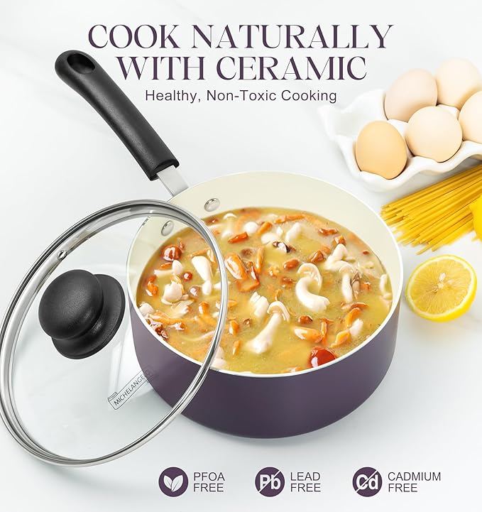 MICHELANGELO Nonstick Sauce Pan with Lid, Ceramic Saucepan Set, Non Toxic Small Saucepans Sets with Stay-Cool Handle, Induction Pots For Cooking, PTFE & PFOA Free - 1Qt & 2Qt & 3Qt, Purple - Image 3
