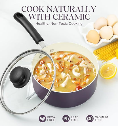 MICHELANGELO Nonstick Sauce Pan with Lid, Ceramic Saucepan Set, Non Toxic Small Saucepans Sets with Stay-Cool Handle, Induction Pots For Cooking, PTFE & PFOA Free - 1Qt & 2Qt & 3Qt, Purple - Image 3