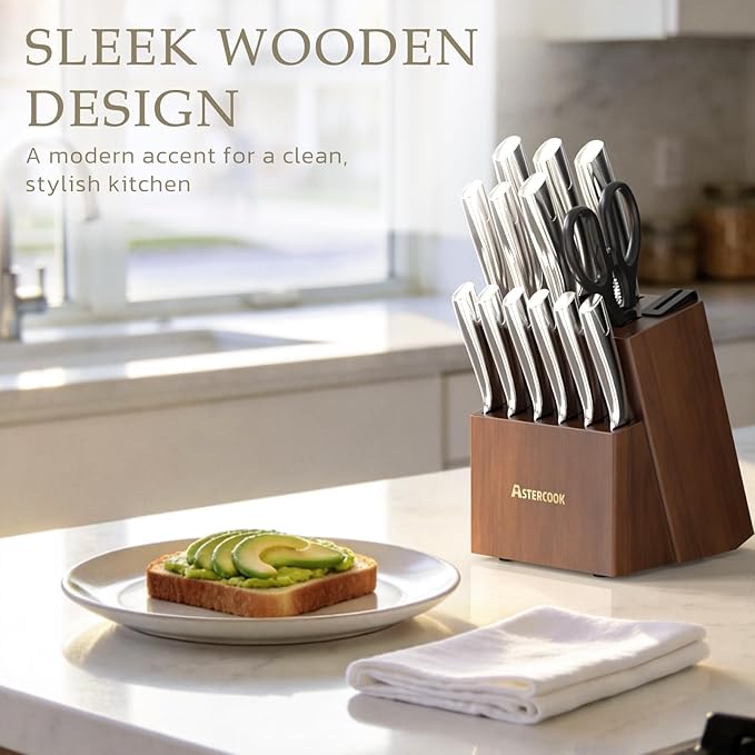 Astercook Knife Set, Kitchen Knives Set with Block and Sharpener Full Tang 15 Pcs Premium Stainless Steel Knives, Dishwasher Safe Knife Set with Anti-slip Ergonomic Handle, Walnut, Mothers Day Gifts - Image 3