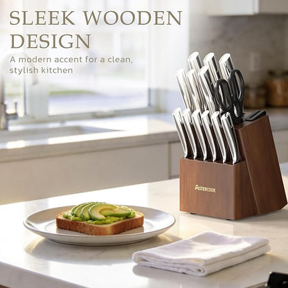 Astercook Knife Set, Kitchen Knives Set with Block and Sharpener Full Tang 15 Pcs Premium Stainless Steel Knives, Dishwasher Safe Knife Set with Anti-slip Ergonomic Handle, Walnut, Mothers Day Gifts - Image 3