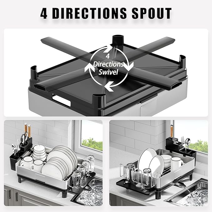 Ewaiira Dish Drying Rack, 304 Stainless Steel Dish Racks for Kitchen Counter, Dish Drainers with Automatic Drainage, Utensil Holder & Cups Holder, Space Saving Kitchen Organizer, Black 16.5''x12.6'' - Image 4