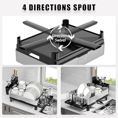 Ewaiira Dish Drying Rack, 304 Stainless Steel Dish Racks for Kitchen Counter, Dish Drainers with Automatic Drainage, Utensil Holder & Cups Holder, Space Saving Kitchen Organizer, Black 16.5''x12.6'' - Image 4