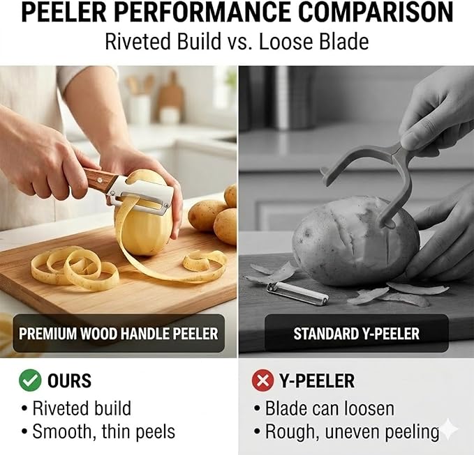 2026 NEW 2PCS Multi-Functional Vegetable Peelers for Kitchen, Wooden Handle Potato Peeler Hand Tool with Stainless Steel Blade, 2-in-1 Bottle Opener Fruit Peeler for Potato, Apple, Carrot, Mango