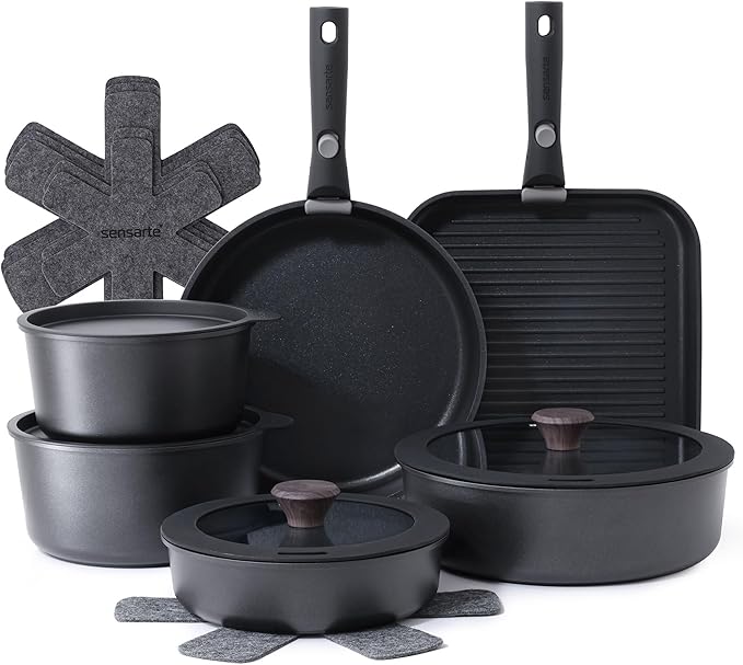 SENSARTE 17 Piece Pots and Pans Set, Nonstick Detachable Handle Cookware Set, Induction Kitchen Cookware Set with Removable Handle, Healthy Non Stick for RV, Dishwasher ＆ Oven Safe, PFOA Free (Black) by SENSARTE