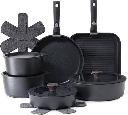 SENSARTE 17 Piece Pots and Pans Set, Nonstick Detachable Handle Cookware Set, Induction Kitchen Cookware Set with Removable Handle, Healthy Non Stick for RV, Dishwasher ＆ Oven Safe, PFOA Free (Black) by SENSARTE