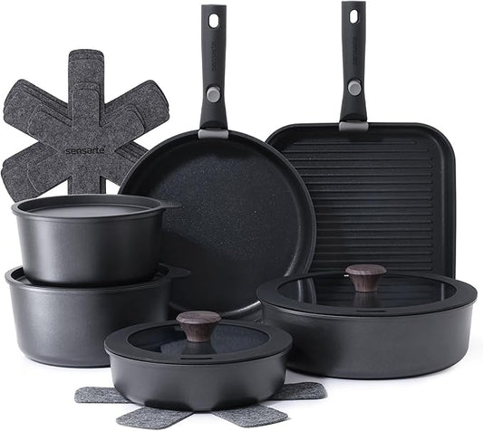 SENSARTE 17 Piece Pots and Pans Set, Nonstick Detachable Handle Cookware Set, Induction Kitchen Cookware Set with Removable Handle, Healthy Non Stick for RV, Dishwasher ＆ Oven Safe, PFOA Free (Black) by SENSARTE