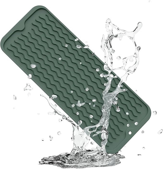 ZLR Silicone Sponge Holder & Sink Caddy Tray (6" x 17") - Narrow Dish Drying Mat for Kitchen Counter - Waterproof Soap Dispenser Organizer, Non-Slip Bathroom Vanity Tray (Dark Green) by ZLR