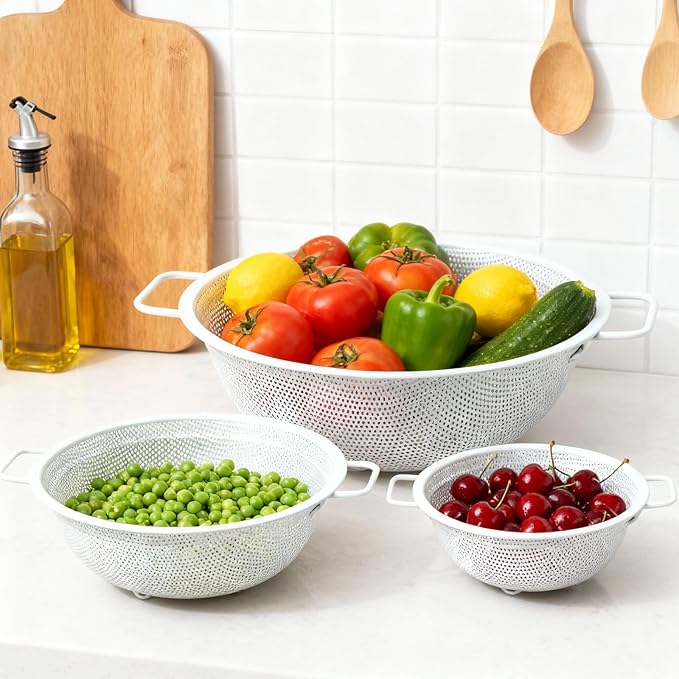 Colander Set with White Coating, Stainless Steel Micro-Perforated Colanders Strainers for Draining Rinsing Washing, Ideal for Vegetables Fruits, Heavy Duty & Dishwasher Safe - Image 8