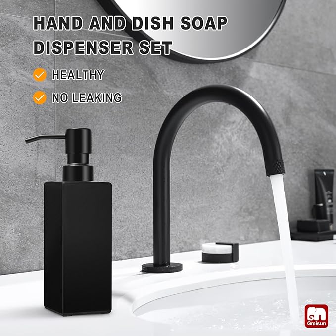 GMISUN Black Soap Dispenser, Hand Soap Dispenser Bathroom, 12 fl oz/350ml Glass Soap Dispensers with Stainless Steel Pump, Refillable Liquid Dish Dispensers for Kitchen, Modern Soap and Lotion Bottle - Image 5