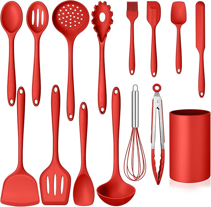 Kitchen Cooking Utensils Set with Holder, Homikit 15-Piece Silicone Spatula Set for Nonstick Cookware, 446°F Heat Resistant Spoon Turner Tong Whisk Brush for Cooking and Baking-Red by Homikit
