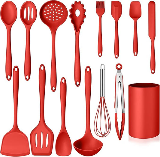 Kitchen Cooking Utensils Set with Holder, Homikit 15-Piece Silicone Spatula Set for Nonstick Cookware, 446°F Heat Resistant Spoon Turner Tong Whisk Brush for Cooking and Baking-Red by Homikit