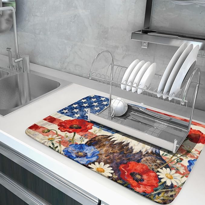 4th of July American Flag Eagle Dish Drying Mat for Kitchen Counter 18x24 Patriotic Floral Memorial Day Absorbent Reversible Microfiber Drying Mats Kitchen Countertop Protector Dishes Drainer Pad - Image 5