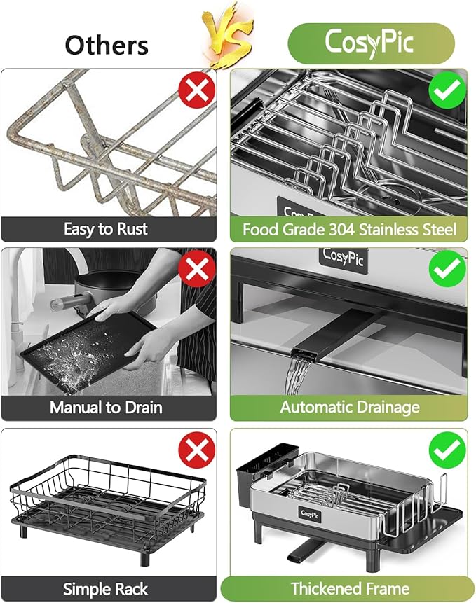 Dish Racks, Thicker Premium 304 Stainless Steel Dish Drying Rack for Kitchen Counter, Automatic Drainage Spout, Dish Drainer & Drainboard Set with Utensil Holder and Cup Holder, Black - Image 3