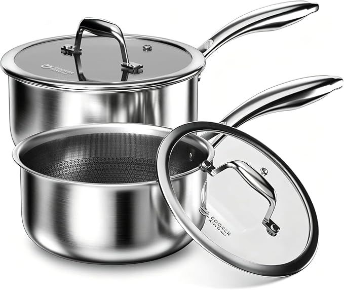 COOKER KING Sauce Pan Set, 1.5 QT & 2 QT Saucepan with Lid, Hybrid Ceramic Nonstick Saucepan, non stick Sauce pot, Stainless steel Cookware, Induction Compatible (PFAS/PFOA/PTFE Free) by cookerking