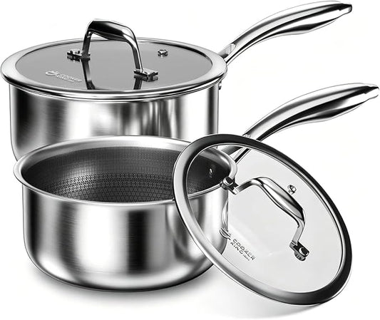 COOKER KING Sauce Pan Set, 1.5 QT & 2 QT Saucepan with Lid, Hybrid Ceramic Nonstick Saucepan, non stick Sauce pot, Stainless steel Cookware, Induction Compatible (PFAS/PFOA/PTFE Free) by cookerking