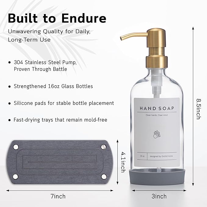 [Luxury] Kitchen Soap Dispenser Set - 16OZ Clear Glass Bottle, Stainless Steel Pump, Instant Dry Tray, Waterproof Labels, Non-Slip Silicone Pad, and Dish Brush | Upgrade for Your Kitchen and Bathroom - Image 4