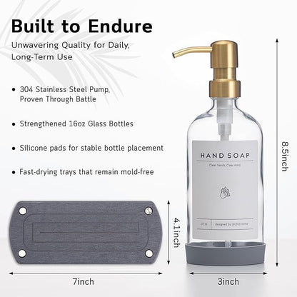 [Luxury] Kitchen Soap Dispenser Set - 16OZ Clear Glass Bottle, Stainless Steel Pump, Instant Dry Tray, Waterproof Labels, Non-Slip Silicone Pad, and Dish Brush | Upgrade for Your Kitchen and Bathroom - Image 4