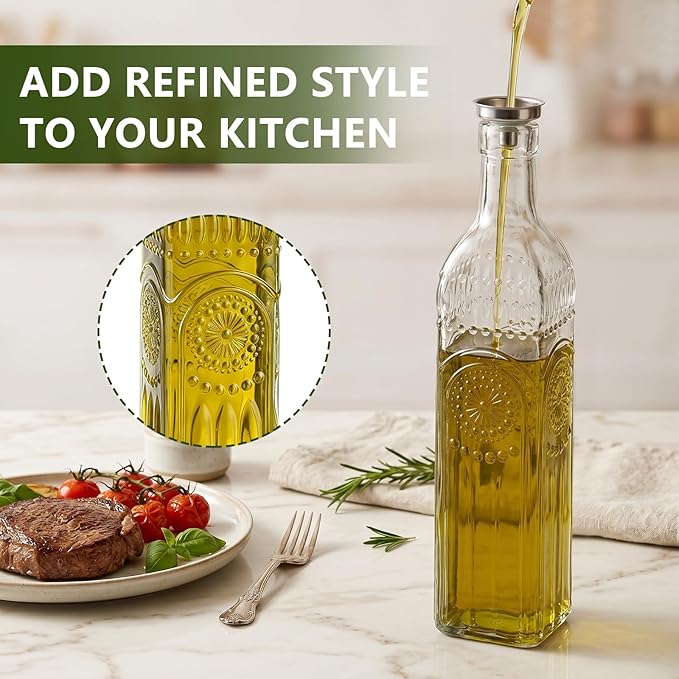WERTIOO 4 Pack Olive Oil Dispenser Bottle for Kitchen,17oz Clear Glass Cooking Olive Oil and Vinegar Dispenser with Funnel, Delicately Engraved Glass Bottles for Kitchen - Image 6