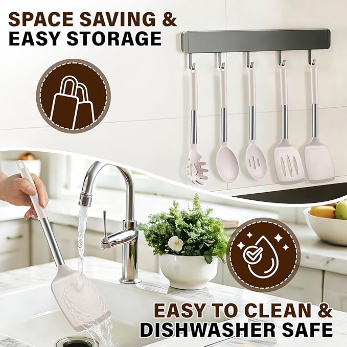 5Pcs Silicone Cooking Utensils Set, Heat Resistant Kitchen Tools Include Solid&Slotted Spatula, Cooking Spoon and Pasta Server, Silicone Kitchen Utensils set for Nonstick Cookware Flipping, Khaki - Image 7