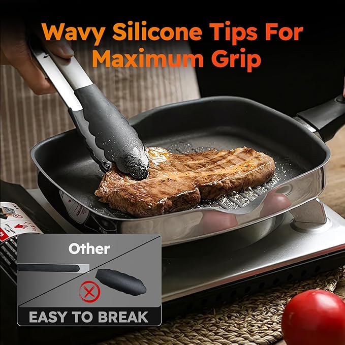 HST Tongs for Cooking with Silicone Tips(3 Pack), Non Stick Kitchen Tongs with Silicone Tip for Cooking BBQ Baking (9", Black) - Image 6