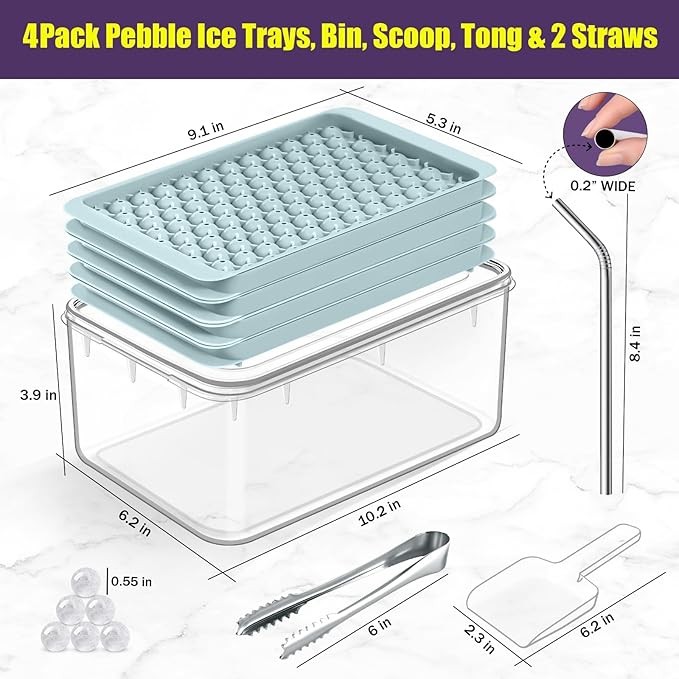 0.55in Mini Ice Cube Trays - Plastic Tiny Pebble Ice for Iced Coffee & Cocktails - Fast Chill, Easy Twist Release - Stackable with Lid, Storage Bin, Tongs, 2 Straws (4 pack, Blue) - Image 4
