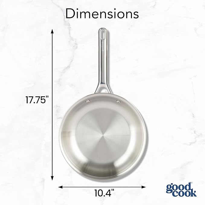 GoodCook Stainless Steel Fry Pan 10-Inch, Oven-Safe to 500F & Induction-Safe Compatible with All Stovetops 3-Layer Construction for Even Heating Non-Toxic PTFE & PFOA Free, Silver