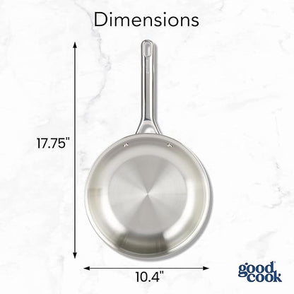 GoodCook Stainless Steel Fry Pan 10-Inch, Oven-Safe to 500F & Induction-Safe Compatible with All Stovetops 3-Layer Construction for Even Heating Non-Toxic PTFE & PFOA Free, Silver