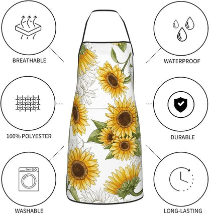 Yellow Sunflower Oven Mitts Sunflowers Pot Holders Yellow Flowers Cooking Apron Set of 5 Silicone Kitchen Glove Apron Non-Slip Heat Resistant for Chef Baking Cooking Grilling BBQ