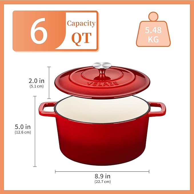 Velaze 6 QT Enameled Cast Iron Dutch Oven, Dual Handles Pot with Lid, Heavy-Duty Non-stick Round Oven for Bread Baking, Stewing, Roasting, Good Sealing for All Heat Source (Red) - Image 6