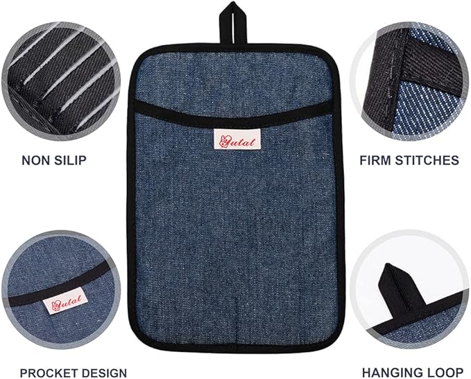 Yutat Oven Mitts, Pot Holders Set of 4 Made with Pure Cotton and Food Grade Non-Slip Silicone - 500 F Heat Resistant Oven Mitts and Pot Holders Sets for Kitchen Cooking (4pcs Set, Black and Denim) - Image 5