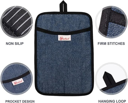 Yutat Oven Mitts, Pot Holders Set of 4 Made with Pure Cotton and Food Grade Non-Slip Silicone - 500 F Heat Resistant Oven Mitts and Pot Holders Sets for Kitchen Cooking (4pcs Set, Black and Denim) - Image 5