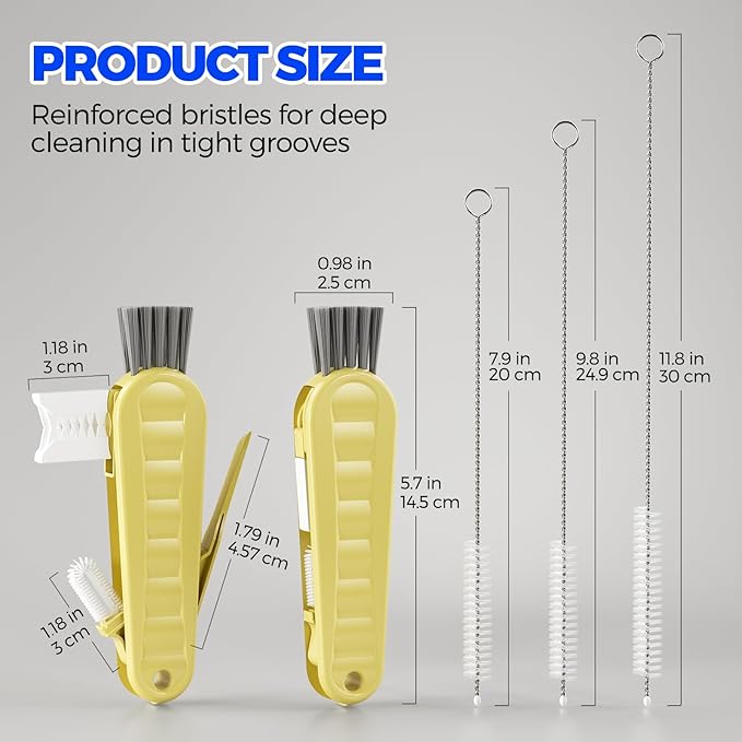 6 Pack Holikme 4 in 1 Cup Lid Cleaning Brush Set with 3 Straws, Multifunctional Bottle Brush, Silicone Cup Lid Gap Cleaner, Durable Bristle Crevice Cleaning Brush, Yellow - Image 7