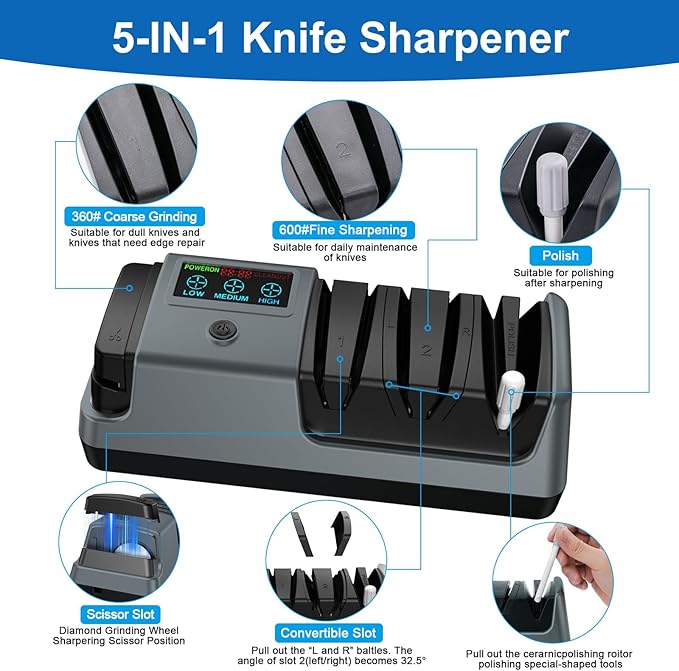 5-in-1 Electric Knife Sharpener for Kitchen Knives, 3-Stage Sharpener with 100% Diamond Abrasive, LCD Screen, Speed Adjustable, Knife Sharpener for All Kitchen Knives Quick Sharpening, Scissors - Image 2