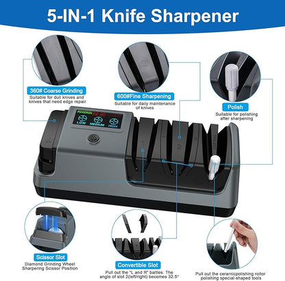 5-in-1 Electric Knife Sharpener for Kitchen Knives, 3-Stage Sharpener with 100% Diamond Abrasive, LCD Screen, Speed Adjustable, Knife Sharpener for All Kitchen Knives Quick Sharpening, Scissors - Image 2