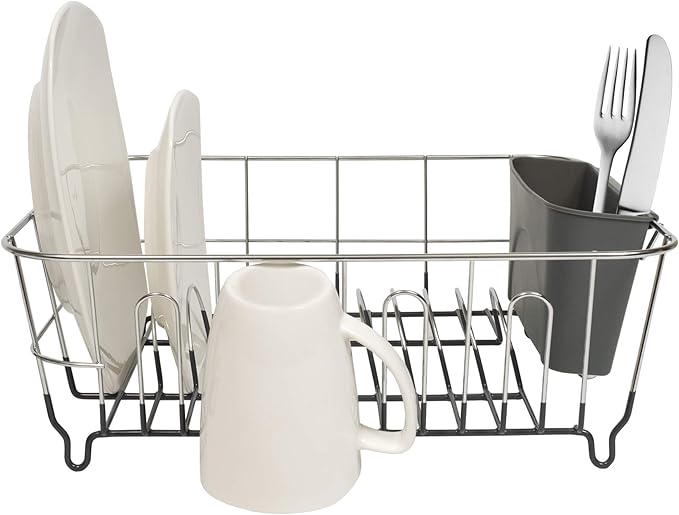 Dish Drying Rack & Cutlery Holder 2 Piece Set ✅ Compact Sink-Fitting Dish Drainer with Rubberized Undercoating ✅ Space-Saving Kitchen Organizer for Plates, Cups, Bowls & Utensils In Sink, Dark Gray - Image 3