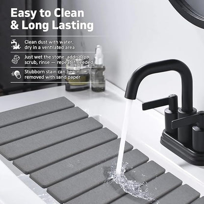 Stone Dish Drying Mat for Kitchen Counter – Collapsible 24"(L)×16 (W) Super Absorbent Diatomaceous Earth Dish Drying Mat, Grey Kitchen Counter Mats for Dishes, Bottles, Cups, Match Any Countertop