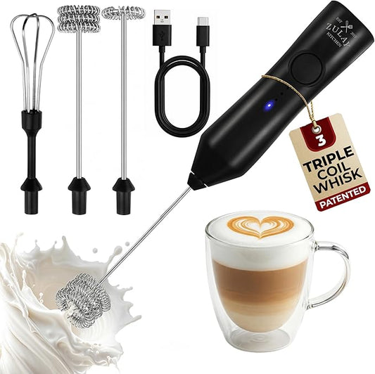 Zulay Kitchen Rechargeable Milk Frother - Dynamic - 3 Speeds, 3 Whisk Attachments, 500 mAh USB Charging, Drink Mixer For Latte, Cappuccino, Matcha, Protein Powder, Coffee Foam - Black by ZulayKitchen