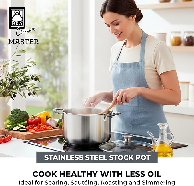 BRA COOKWARE Master Stainless Steel Stock Pot w/Glass Lid | 9.5 Inch 4 Quart Premium 18/10 Cooking Pot | PFAS Free Deep Pot | Silicone Coated Handles | All Cooktops (incl. Induction) | Shiny Finish