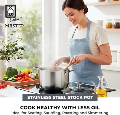 BRA COOKWARE Master Stainless Steel Stock Pot w/Glass Lid | 9.5 Inch 4 Quart Premium 18/10 Cooking Pot | PFAS Free Deep Pot | Silicone Coated Handles | All Cooktops (incl. Induction) | Shiny Finish