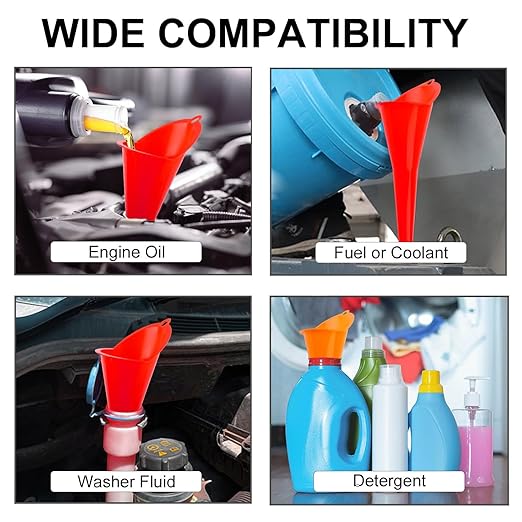 3-Pack Long-Neck Oil Funnels, 11" Multi-Purpose Funnels for Automotive & Motorcycle Use – Reusable Funnel for Oil, Gas & Transmission Fluid (Red)