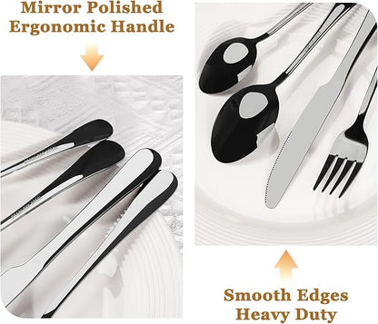 Astercook Silverware Set 48-Piece Black Flatware Set with Steak Knives Food-Grade Stainless Steel Cutlery Set for 8 Mirror Polished Utensils Set Include Spoons and Forks for Home Kitchen Restaurant